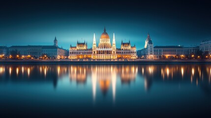 Obraz premium Dramatic Night Skyline View of European Capitals with Reflections Over the Water