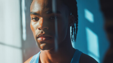 Intense Portrait of Male Athlete in Natural Light with Shadow Play