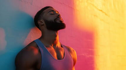 Young Man Enjoying Tranquility Against Colorful Urban Wall