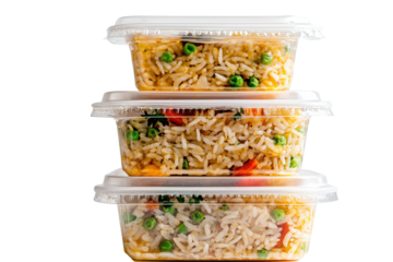 Stacked takeout containers Rice and pea meals await consumption