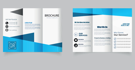 Minimal Corporate Trifold Brochure Template with Blue Geometric Design.