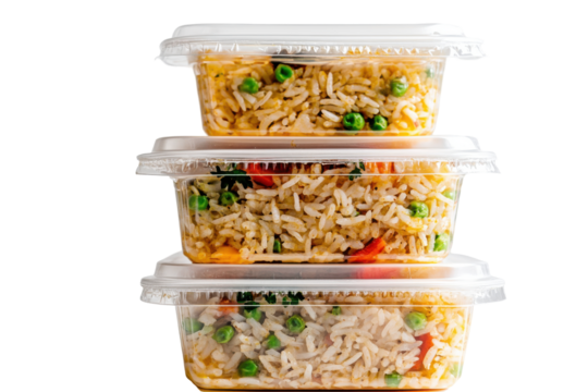 Stacked takeout containers Rice and pea meals await consumption