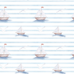 Ships and boats with sails on background of stripes of white and blue colors. Watercolor illustration. Seagulls above the waves and horizontal stripes, isolated on white background. For marine design