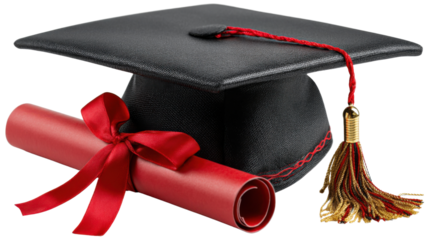 Achievement Unveiled: An eye-level shot captures a graduation cap and diploma, representing education's culmination. The scene's simple composition embodies the attainment of knowledge.