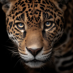 Obraz premium Majestic Jaguar Close up Intense Gaze Striking Spots Dark Background