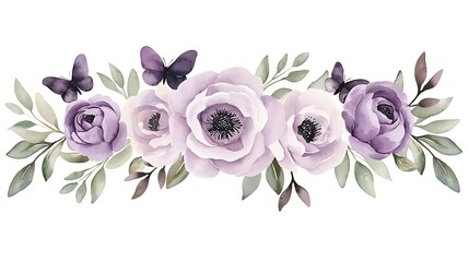 Watercolor floral arrangement with butterflies nature scene botanical art soft colors