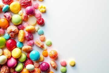 Obraz premium Assorted colorful candies arranged on a pristine white surface , overhead shot, simple