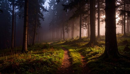 Obraz premium Claro de bosque brumoso con suave pendiente y sendero