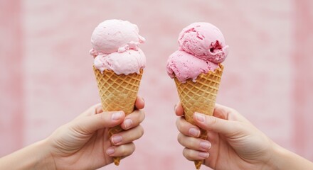 Two hands hold pink ice cream cones against a pink patterned background.