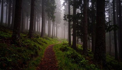 Fototapeta premium Claro de bosque brumoso con suave pendiente y sendero