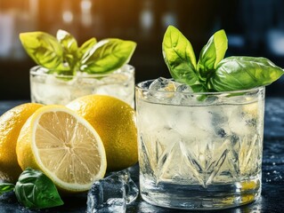 Fototapeta premium Refreshing Lemon Basil Cocktail Close Up Still Life on Dark Surface with Ice Cubes and Fresh Lemons Summer Drink