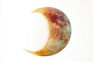 A crescent moon, partially illuminated, shows a rusty, textured surface against a white background.