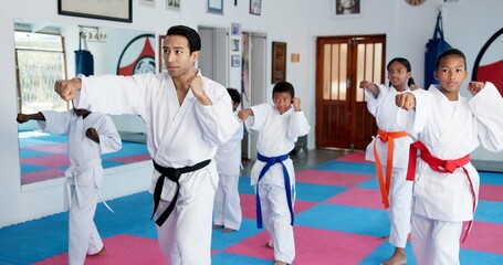 Sensei, punch and man with children in karate class, self defense training or martial arts for youth for combat education. Taekwondo, fight and male instructor with student kids for coaching in dojo © CineLens25/peopleimages.com