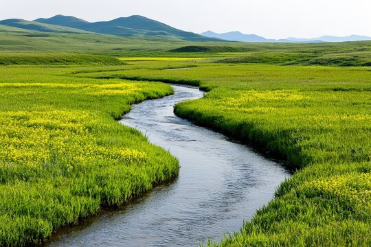 Serene creek meandering through vibrant wildflower meadow in summer