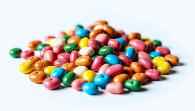 A pile of colorful candy is spread out on a white surface. The candy is a mix of different colors and shapes, creating a vibrant and playful atmosphere. Concept of fun and indulgence