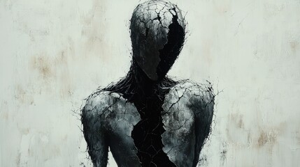 A fractured, gray figure, broken and exposed