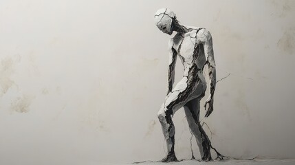 A fractured figure, akin to a decaying robot, stands in contemplation