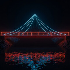 Obraz premium Neon glowing bridge spanning a dark body of water at night. Architectural structure with vibrant light lines and a reflective surface.