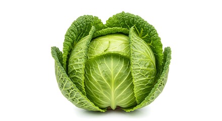 Fototapeta premium Fresh Savoy Cabbage Head Isolated on White Background for Culinary Recipes, Healthy Eating and Vegetable Farming Projects, Ideal for Food Blogs or Nutrition Education Material.