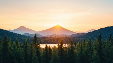 Fototapeta premium Golden sunrise illuminating majestic mountain peak over serene lake and pine forest