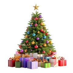 Decorated christmas tree with gifts ornament presents isolated on white background