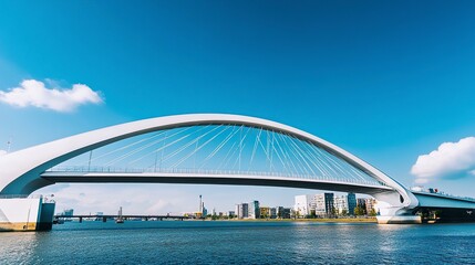 Obraz premium A futuristic white arch bridge with radiating cable supports, spanning a broad river under the intense clarity of a sunny blue sky. 