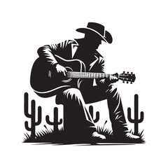 Modern Cowboy with Guitar Vector Silhouette, Country Music Icon, Western Vibes, Rustic Charm, Country Lifestyle, Acoustic Spirit, Cowboy Soul.

