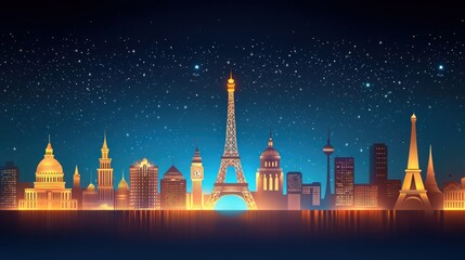 Naklejka premium Mesmerizing High Contrast Skyline of European Cities at Night with Starry Sky and Illuminations