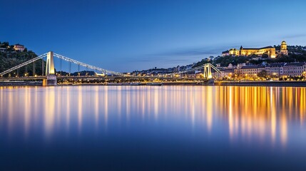 Fototapeta premium A glowing suspension bridge at twilight, its modern design mirrored in the tranquil waters beneath, creating a serene cityscape perfect for tourism visuals. 
