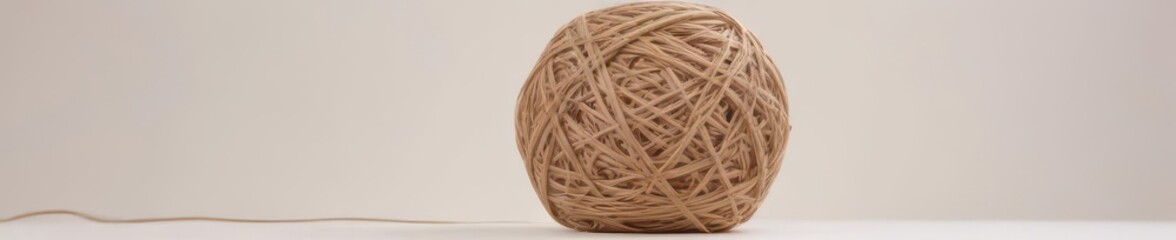 A tangled ball of twine, natural beige color, on a clean white background , macro, beige