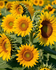Fototapeta premium sunflower, field, yellow flower, big flower, flower garden, flower field, sunny day, bright flower, nature, outdoor, farm, summer, flowers, green field, fresh flowers, golden field, happy flower, tall
