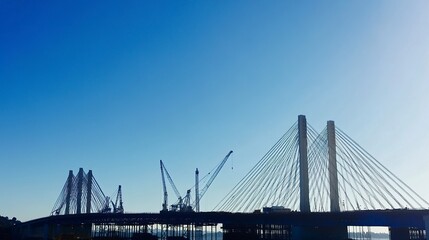 Fototapeta premium A half-completed bridge with cranes and beams silhouetted against a vivid clear blue sky, showcasing a moment in engineering history. 