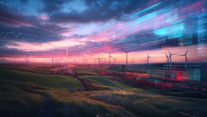 Wind farm at sunset, overlaid with digital data.  Vast fields and turbines at dusk, with vibrant colors,  charting economic data, illustrating sustainable energy