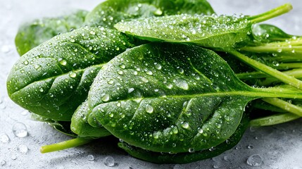  Close-up of fresh spinach leaves with dew drops on a white surface, showcasing the beauty and nutrition of this antioxidant-rich superfood. Perfect for healthy food content!