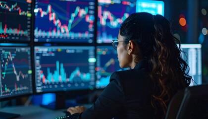 Focused Businesswoman Analyzing Stock Market Data at Night