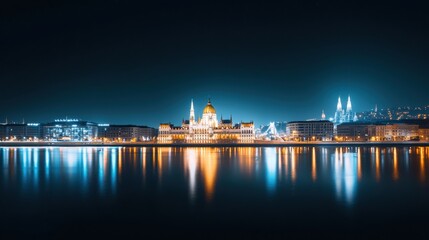Naklejka premium Stunning Dramatic Evening Skyline of a European City Highlighting Reflections in Water