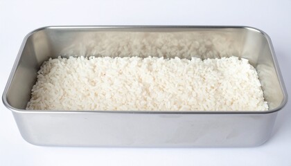 Stainless Steel Lunch Box with Rice Grains on Isolated White Background