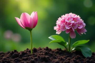Obraz premium Delicate pink flower stem emerges from rich soil, surrounded by lush green hydrangea and peony leaves , macro, pink, plantlife