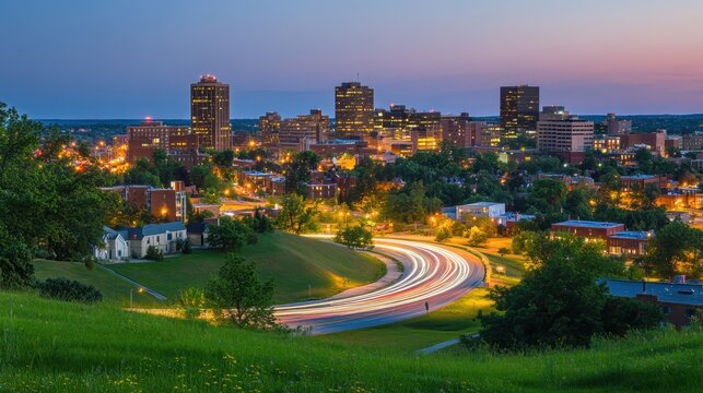 Akron Ohio cityscape at twilight from grassy hill with light trails and illuminated buildings in urban setting at dusk