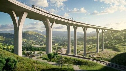 Fototapeta premium A high-speed railway bridge being built over a wide valley, its towering columns and sleek design harmonizing with the surrounding landscape. 