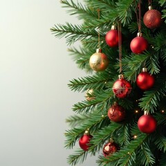 Luxurious evergreen branch draped in shimmering red and gold baubles , opulent, detail, shimmer