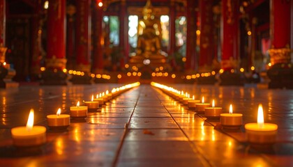 Illuminated Pathway in a Red Temple Interior
