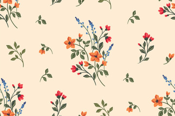 Seamless floral pattern, elegant ditsy print with hand drawn wild flowers. Beautiful botanical design in vintage rustic motif, small flowers, tiny leaves, simple bunch on yellow. Vector illustration. © Yulya i Kot