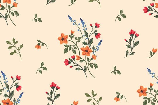 Seamless floral pattern, elegant ditsy print with hand drawn wild flowers. Beautiful botanical design in vintage rustic motif, small flowers, tiny leaves, simple bunch on yellow. Vector illustration.