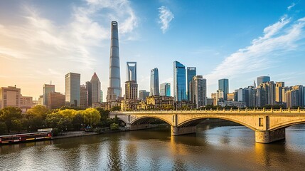 Naklejka premium A historic arched bridge crossing a river, the skyline of modern skyscrapers rising in the distance, blending past and present. 