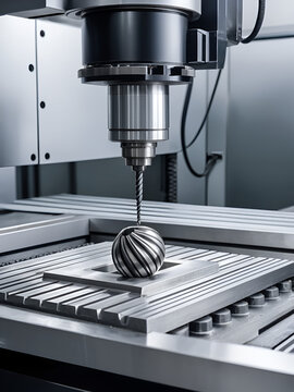 The abstract scene of 5 axis CNC milling machine cutting the automotive mold parts with solid ball endmill tools. The hi-technology automotive part manufacturing process by 5 axis machining center.