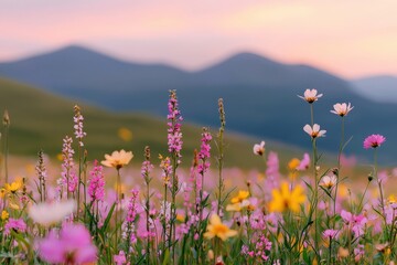 Naklejka premium Wildflower meadow blooming under pastel sky at sunset with copy space