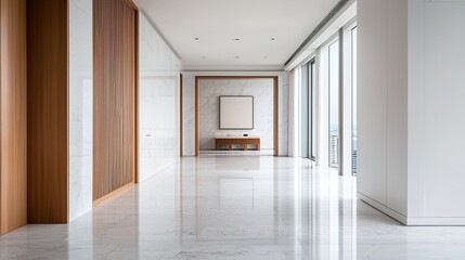 Serene atmosphere in luxury penthouse living room with flawless marble and urban skyline design