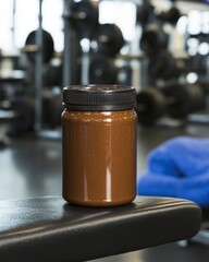 Chocolate Protein Shake on Gym Bench. Fitness, Nutrition, and Healthy Lifestyle Concept.