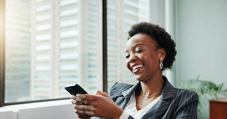 Business, smile and black woman in workplace, cellphone and laughing with social media, accounting...